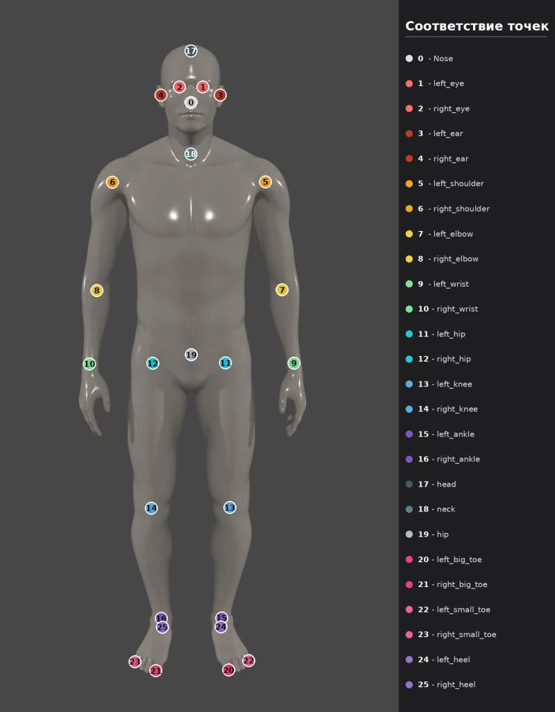 Схема ключевых точек тела для pose estimation