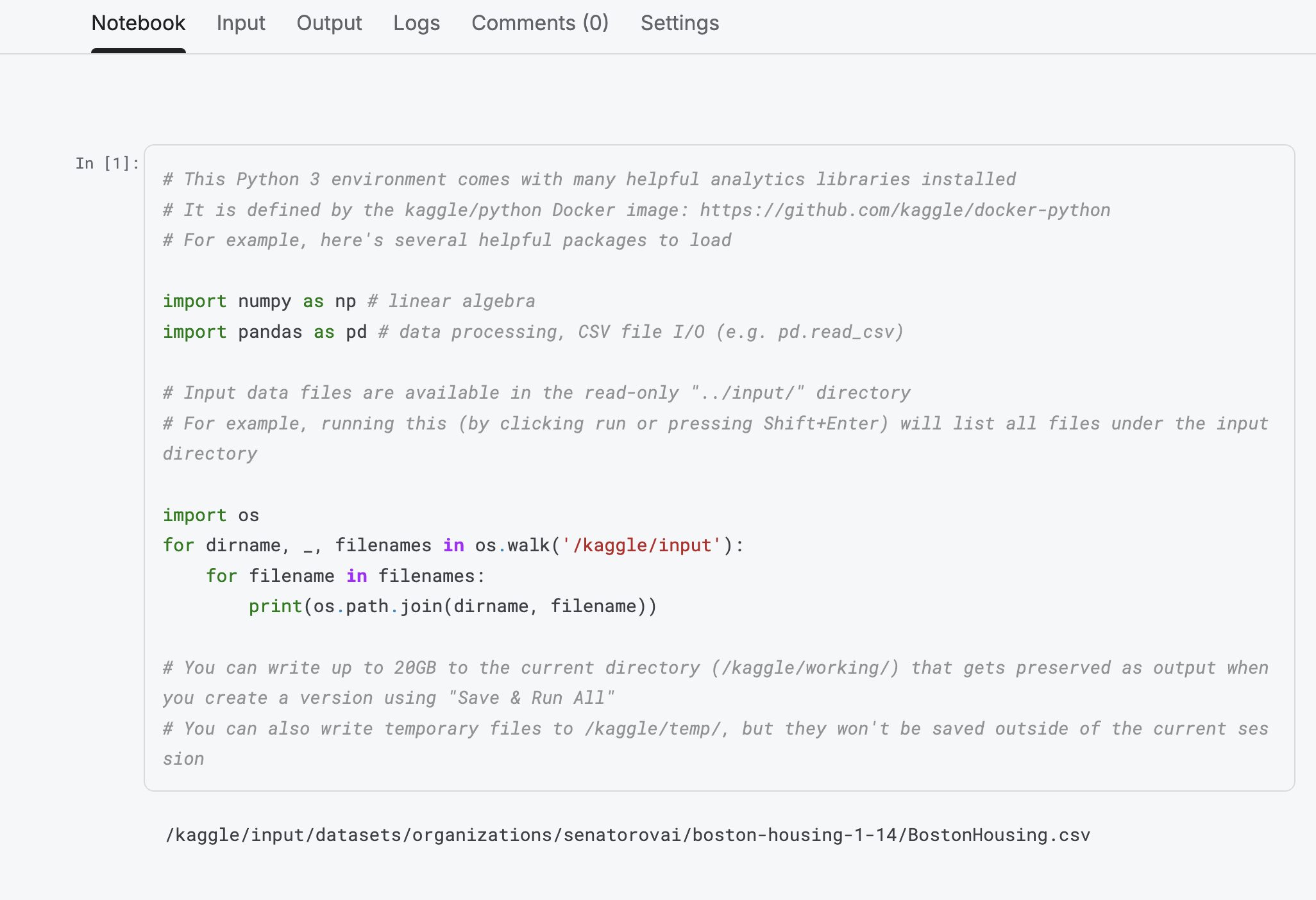 Подключенный датасет и первые ячейки notebook на Kaggle