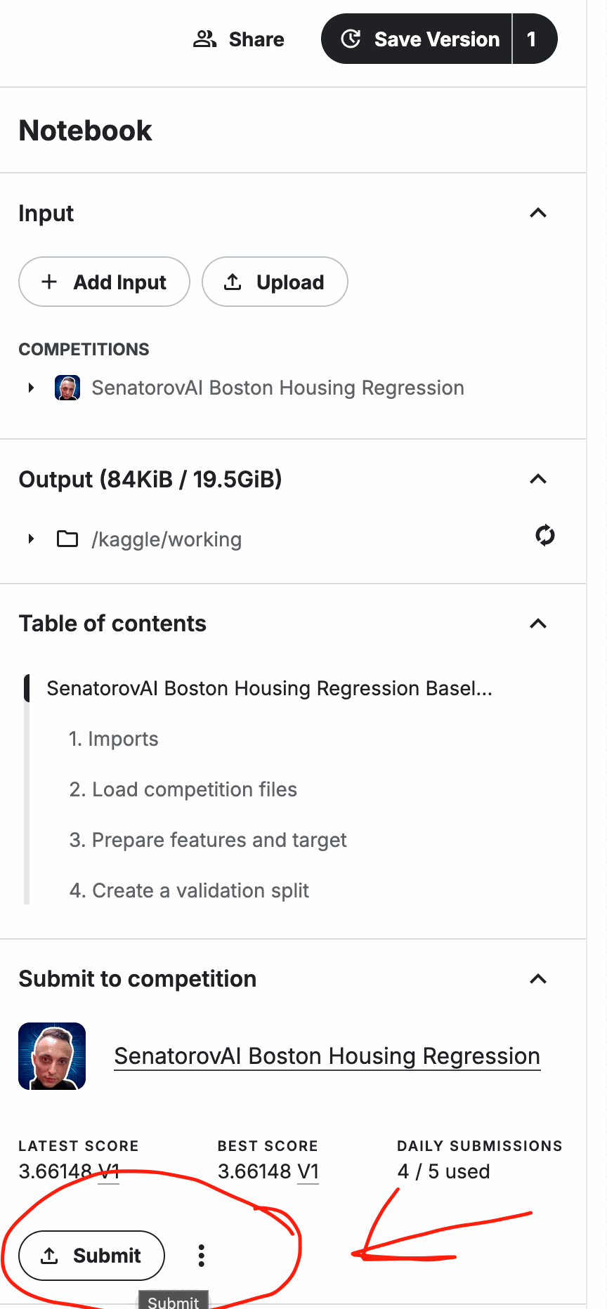 Кнопка Submit to competition в Kaggle Notebook